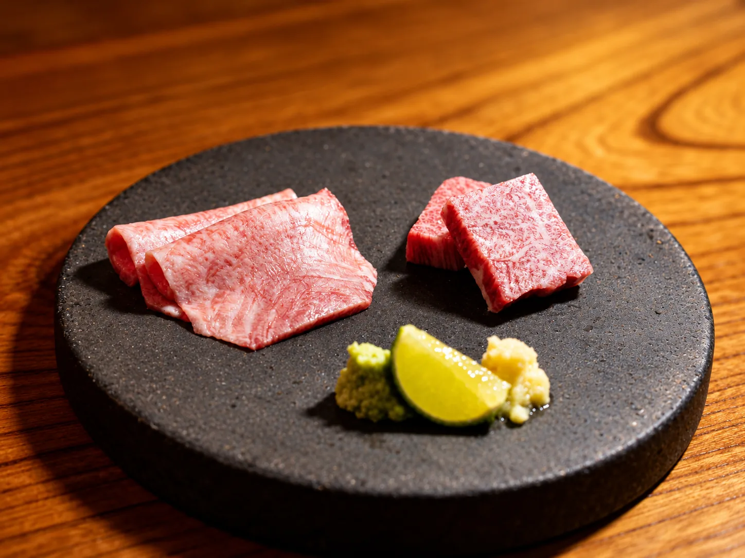 薬味を添えた牛刺しの盛り付け