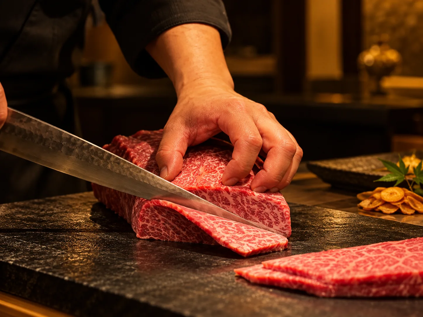 料理人が包丁で霜降りの牛肉を切り分ける手元