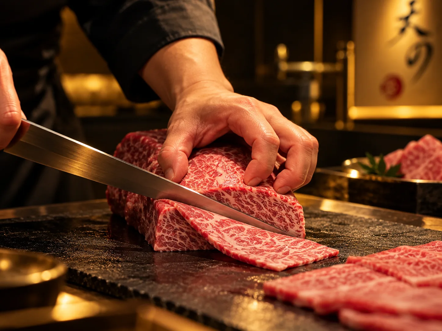 料理人がまな板の上で霜降りの牛肉を切り分ける様子