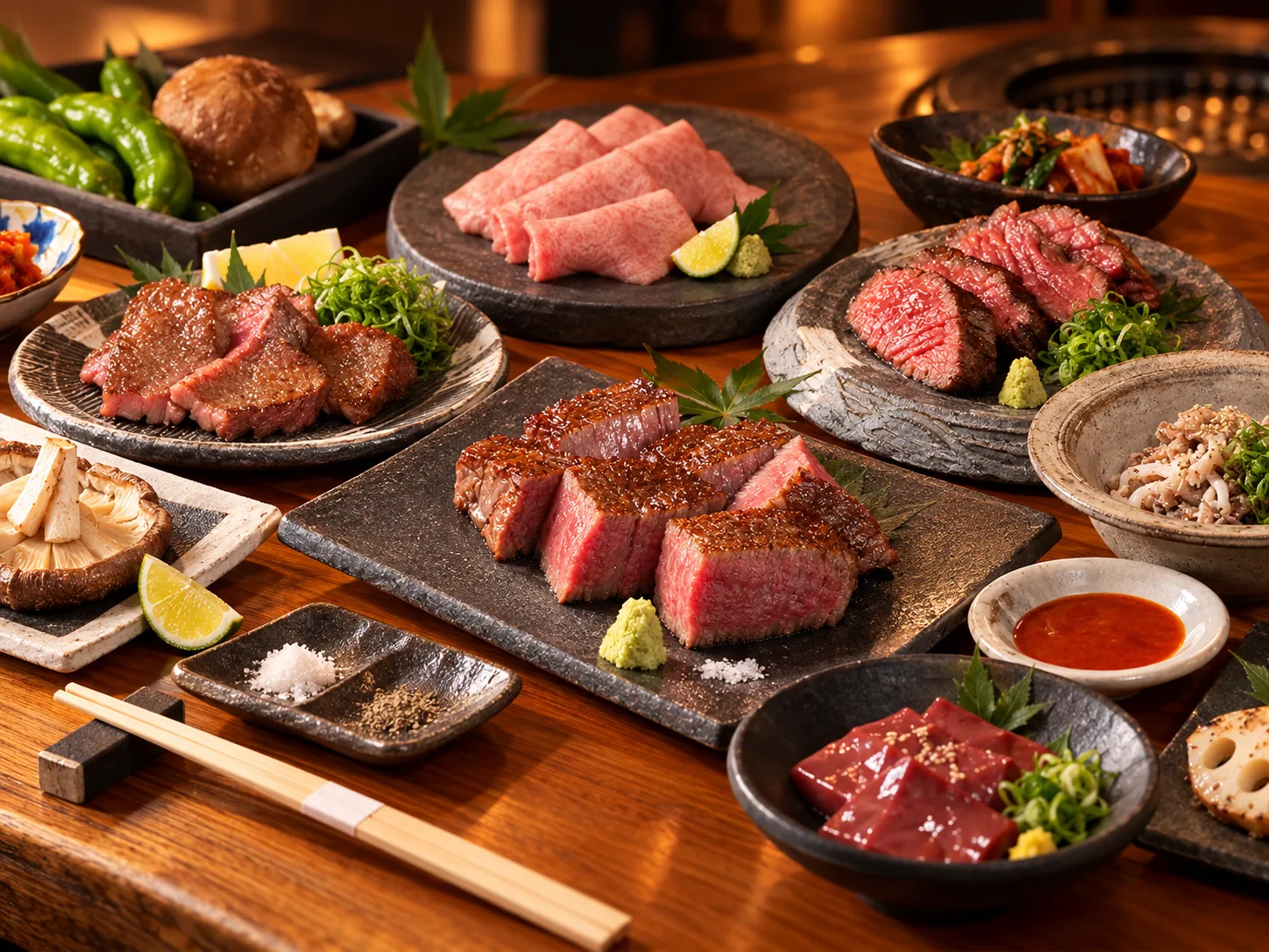 肉料理や小鉢などを並べた料理の盛り合わせ
