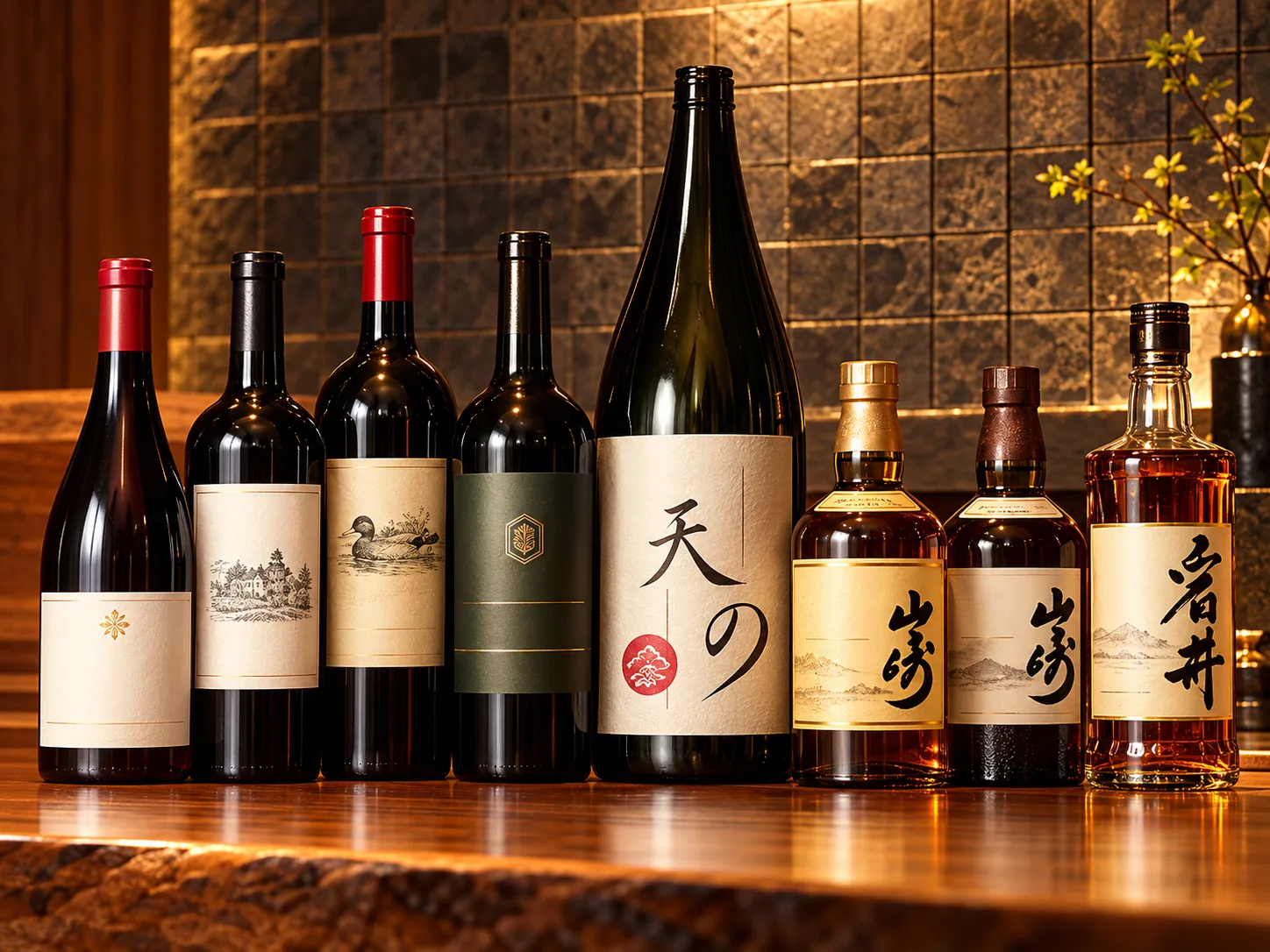 店内に並ぶワインや日本酒などのボトル
