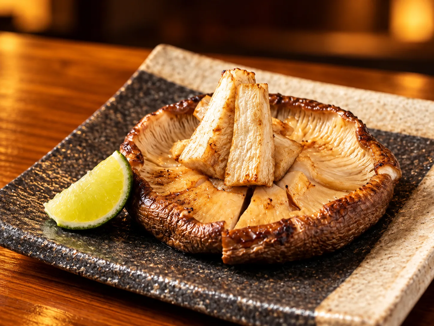 切り分けた焼きしいたけに薬味を添えた一皿