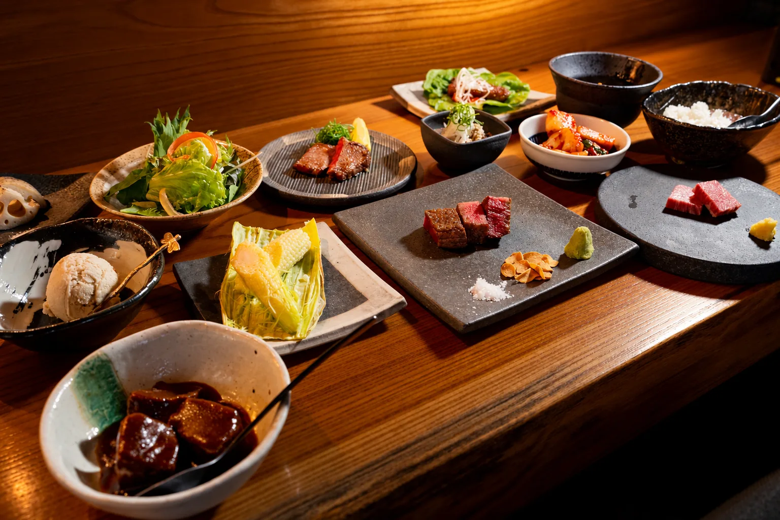 肉料理と魚介料理などを並べた会席コース