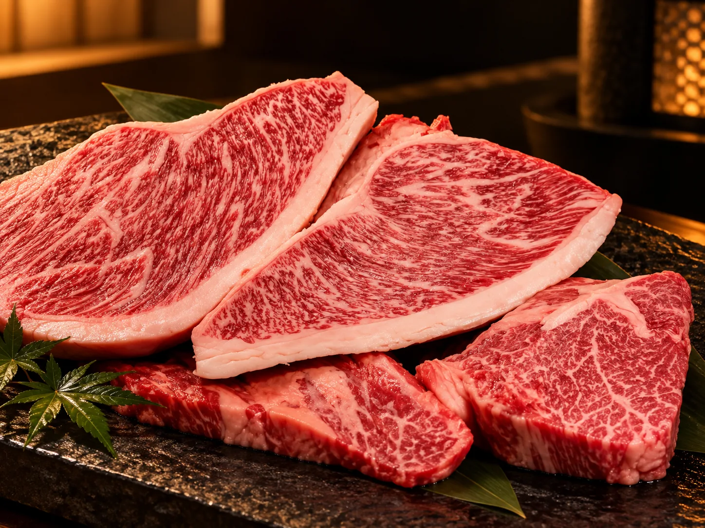 皿に並べた霜降りのステーキ用牛肉